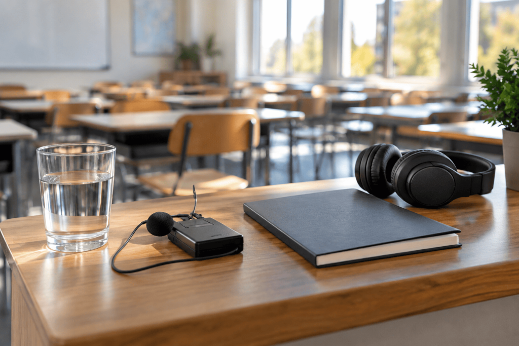 Вода, микрофон и гарнитура на рабочем столе преподавателя Вода, микрофон и гарнитура на рабочем столе преподавателя